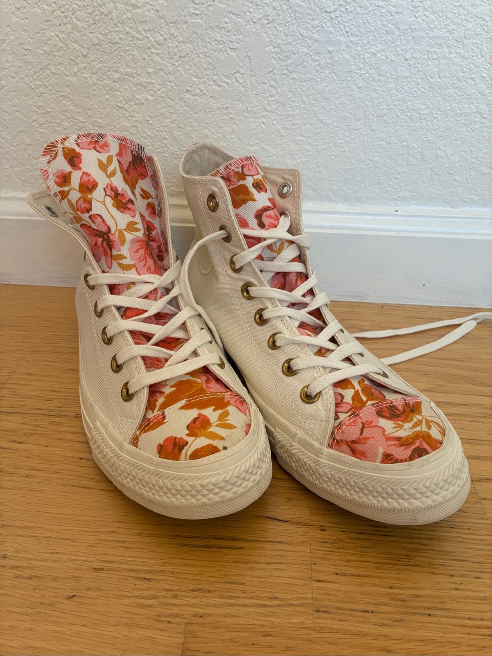Converse Cream High-Top Sneakers with Pink & Orange Floral Panels